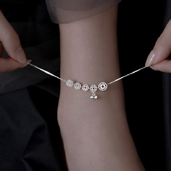 "925 Silver Plated Round Coin Dangle Tassel Anklet, - Picture 3 of 7